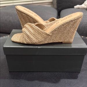 SILENT D Katia Natural Synthetic Raffia Woven Wedge Sandals with Peep-Toe Design